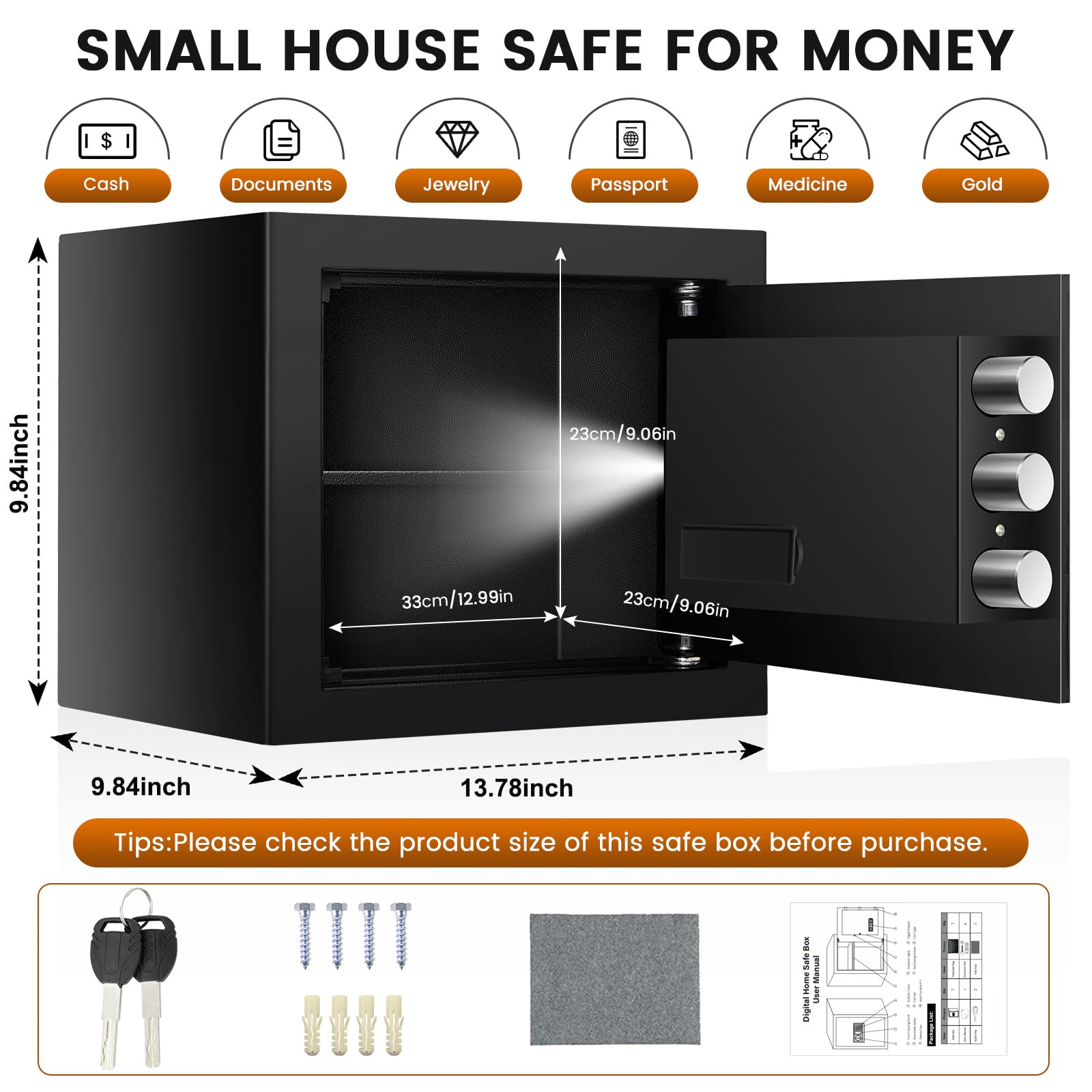 Home Safe Box, Safes with Fireproof Waterproof Bag, 9.84'' H Anti-Theft Digital Security Lock Box with Smart Alert System, Removable Shelf, Mute Function, Document Safes for Jewelry