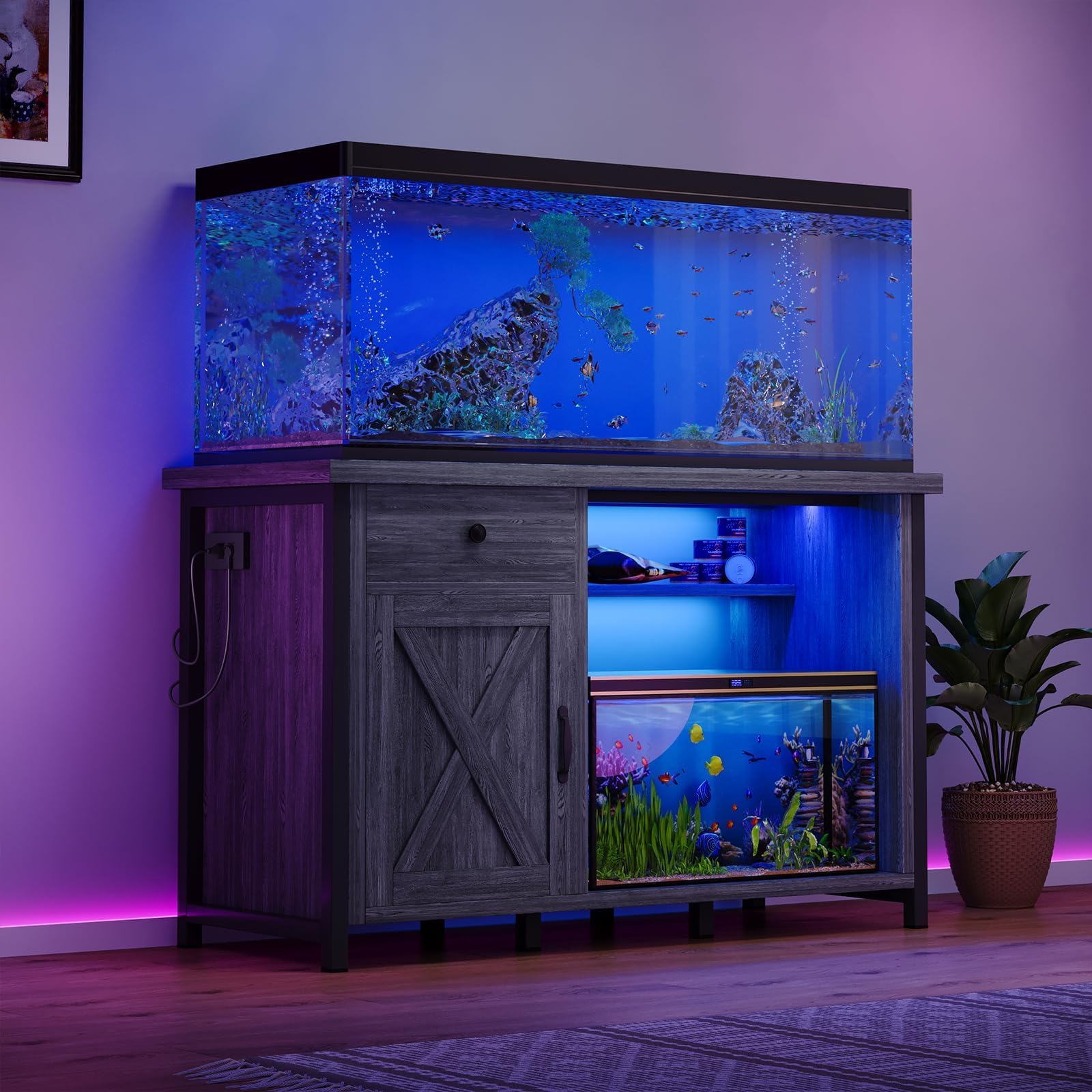 4ever2buy 55-75 Gallon Fish Tank Stand with Power Outlets, LED Light, Heavy Duty Aquarium Stand with Cabinet for Fish Tank Accessories Storage, for Turtle Tank, Reptile Terrarium, 1100LBS, Black