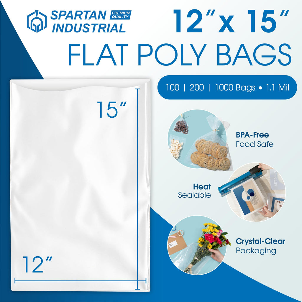 10" X 13" Open-End Flat Clear Poly Bags (100 Count) - 1.1 Mil Clear Plastic Bags for Packaging and Storage - No Adhesive Strip - Spartan Industrial
