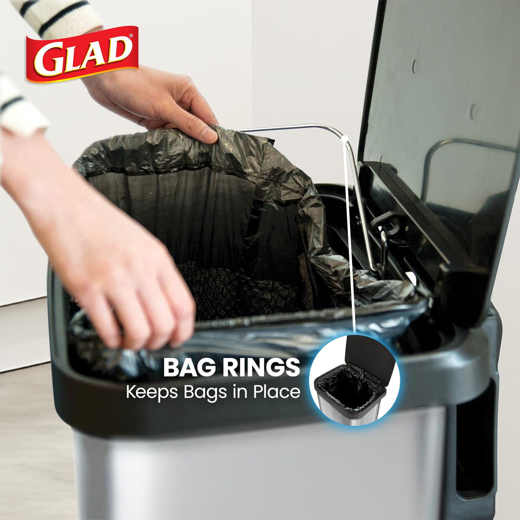 Glad 13 Gallon All Brushed Stainless Steel Trash Can with Clorox Odor Protection | Large Metal Kitchen Garbage Bin with Soft Close Lid, Garbage Bag Rings, Step On Foot Pedal and Waste Bag Roll Holder
