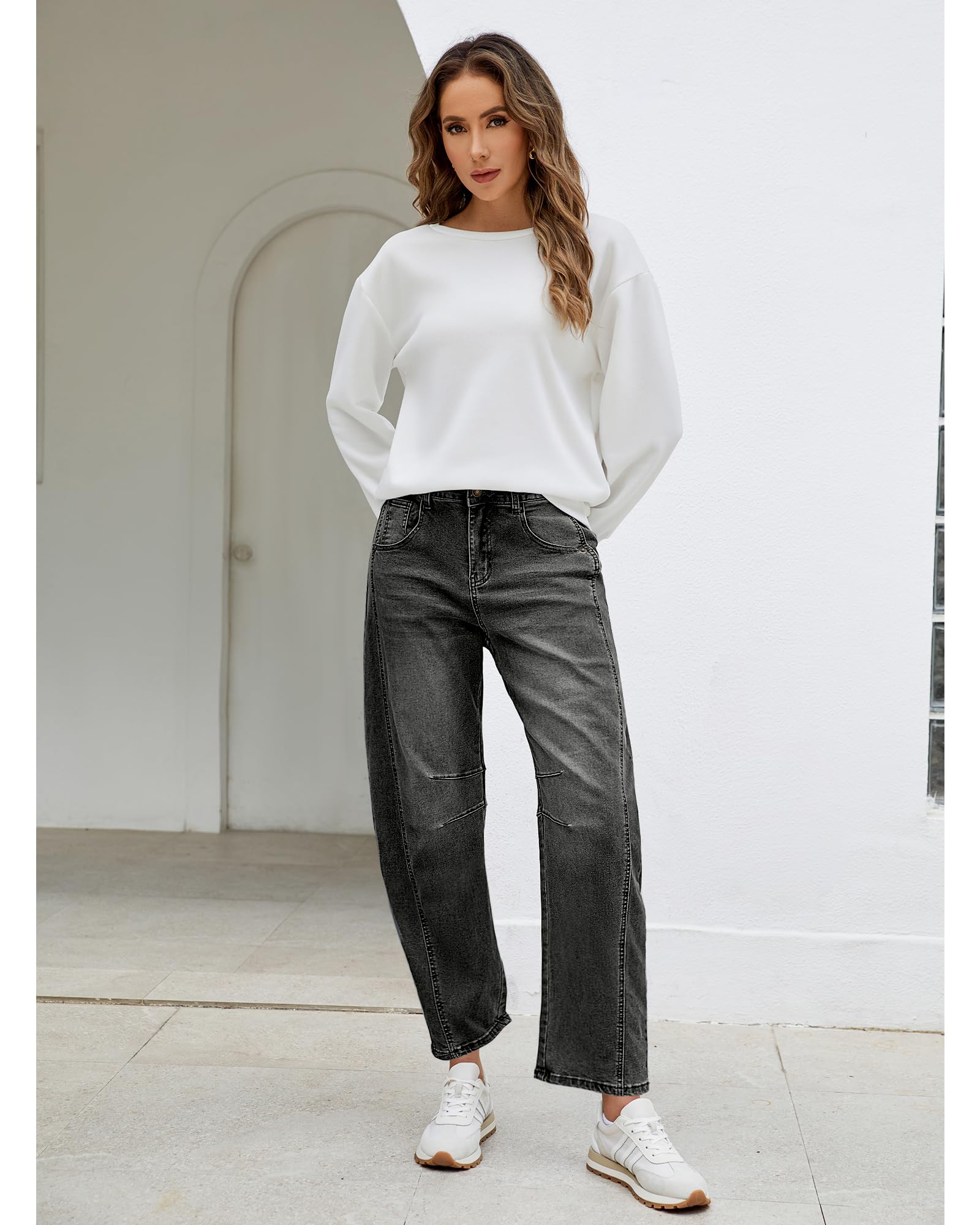 Utyful Barrel Jeans Women Cropped Baggy Trendy High Waisted Distressed Loose Stretch Denim Trouser Jeans with Pockets
