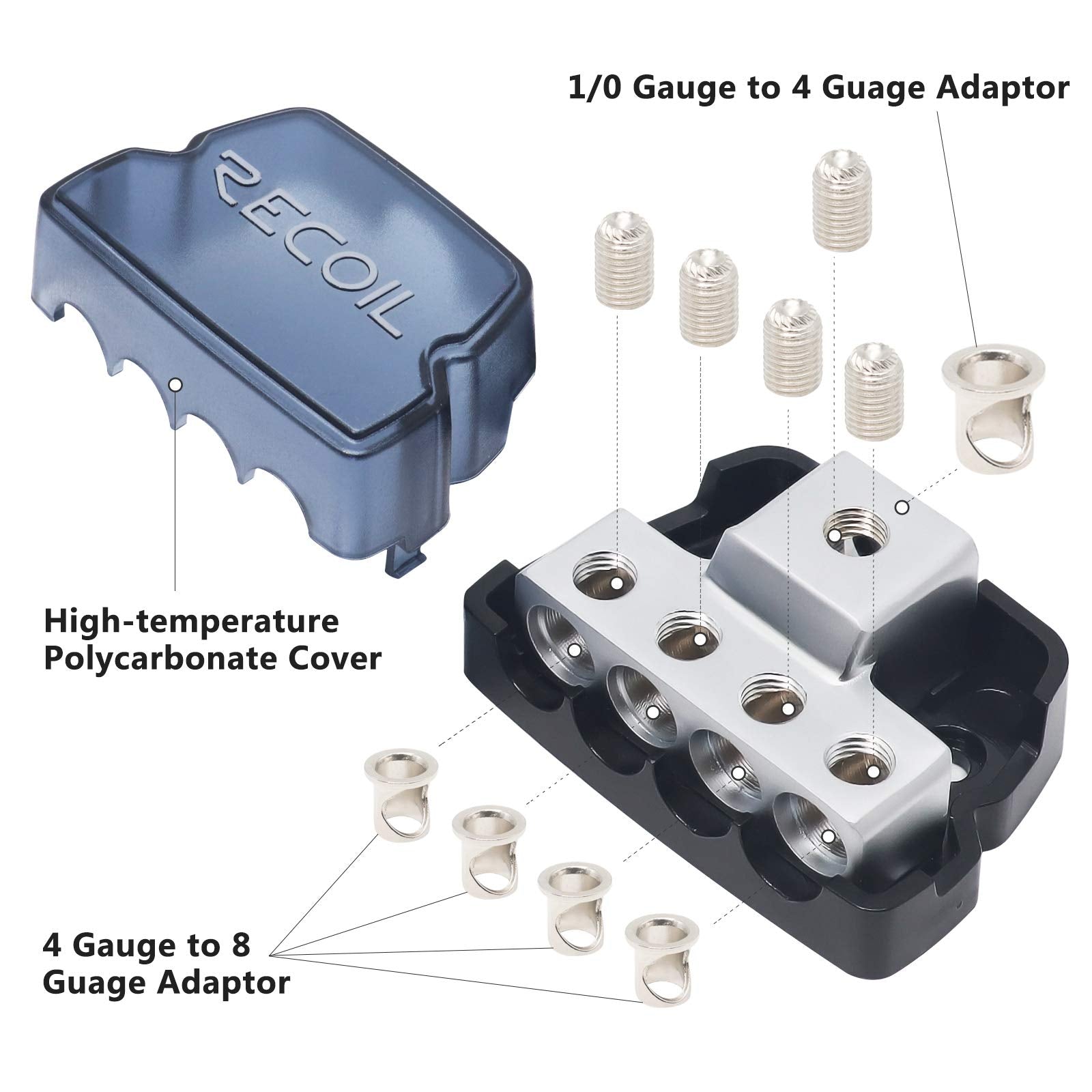 RECOIL DB12 2 Way Power Distribution Block, 1 X 0/2/4 Gauge in / 2 X 4/8 Gauge Out Power Distribution Ground Distributor Block for Car Audio Amplifier Splitter