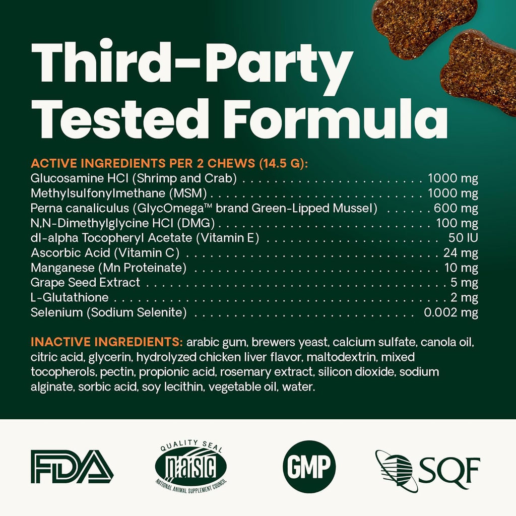VetriScience Glycoflex 3 Vet Strength Glucosamine for Dogs Hip and Joint Supplement - Clinically Proven Mobility and Joint Supplement with MSM, DMG and Green Lipped Sea Mussel, Chicken, 60 Chews