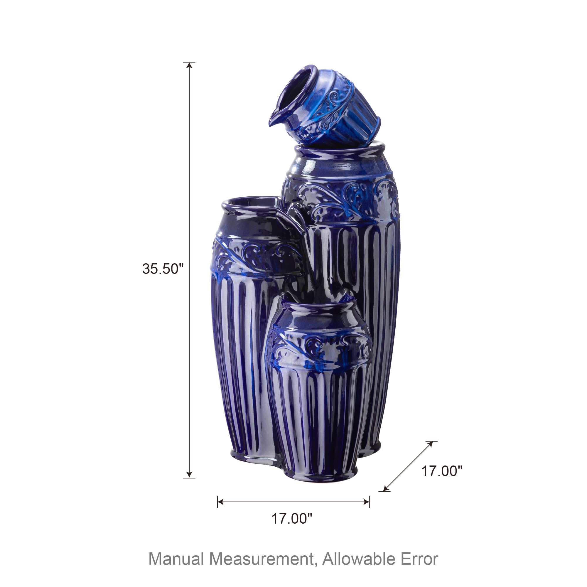Glitzhome 27.25" H Outdoor Garden Water Fountain with LED Lights and Pump, 4 Tier Cobalt Blue Embossed Pattern Ceramic Pots Cascading Floor Standing Fountain for Porch Deck Patio Backyard Decoration