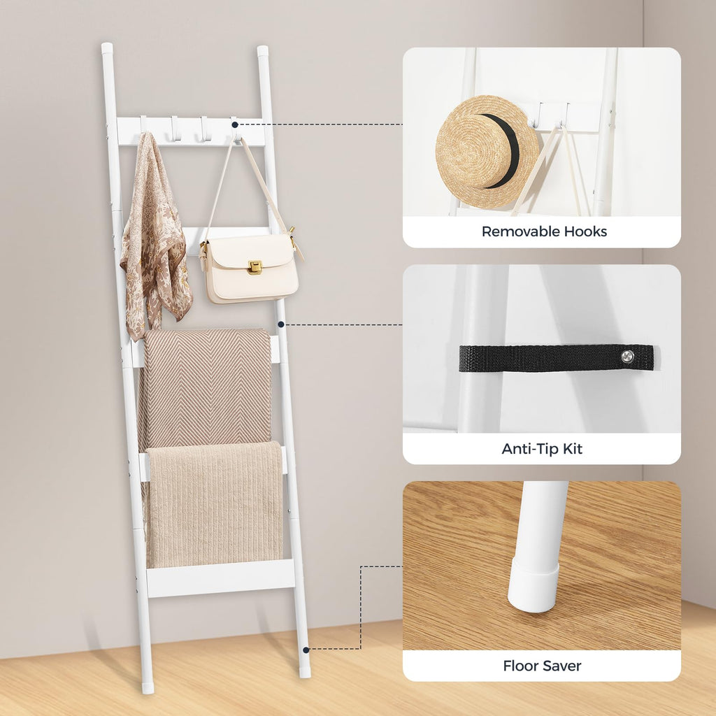 HOOBRO Blanket Ladder, 5-Tier Towel Rack with Hooks, Wall-Leaning Blanket Rack, Decorative Display Ladder Shelf, Scarves, Industrial, Living Room, Bedroom, Black BB52CJ01