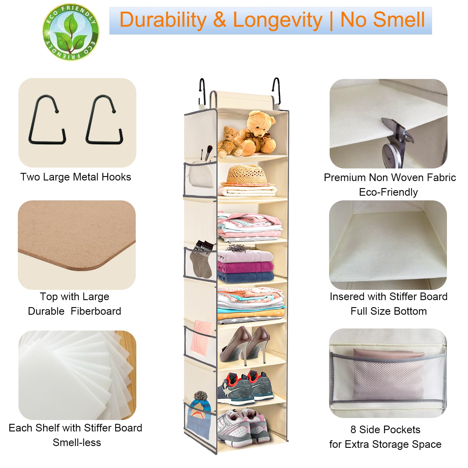 Large-Sized Hanging Shoe Organizer 8-Shelf, Hanging Closet Organizer with 8 Side Pockets, Wider Hanging Shelves for Storage Shoes Clothes 9" W × 11.8" D× 48" H, Beige.