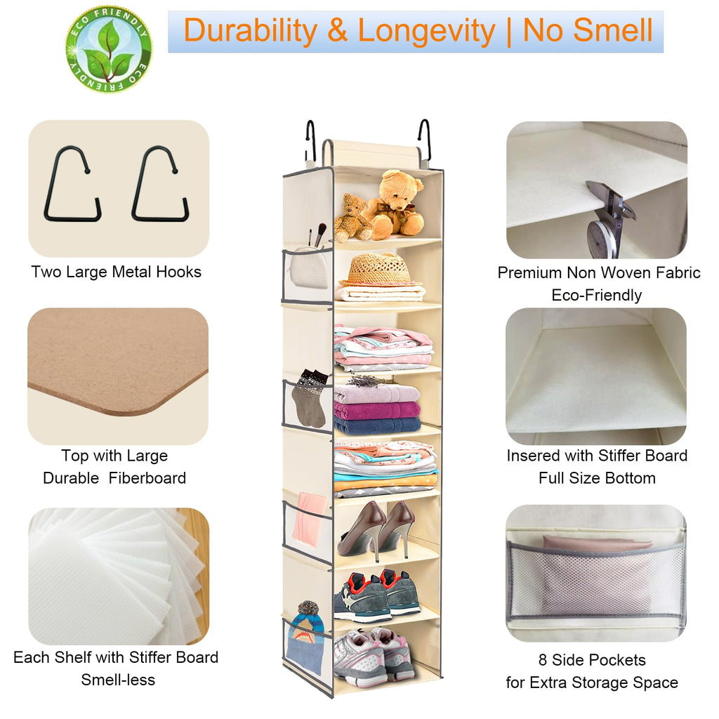 Large-Sized Hanging Shoe Organizer 8-Shelf, Hanging Closet Organizer with 8 Side Pockets, Wider Hanging Shelves for Storage Shoes Clothes 9" W × 11.8" D× 48" H, Beige.