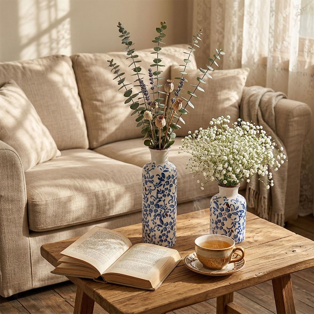 Ceramic Vase Set - 3 Ceramic Small Vases, Farmhouse Country Flower Vase Home Decor, Living Room Decoration, Table Decoration, Fireplace Decor, and Entrance Decorations Centerpieces