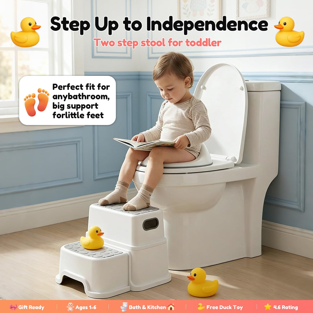 UNCLE WU Toddler Step Stool for Potty Training, Bathroom Sink & Toilet - 2 Step Kids Poop Stool, Non-Slip Step Stool with Handles, Dual Height Stepping Stool for Kitchen Counter (Include 2 Ducks)
