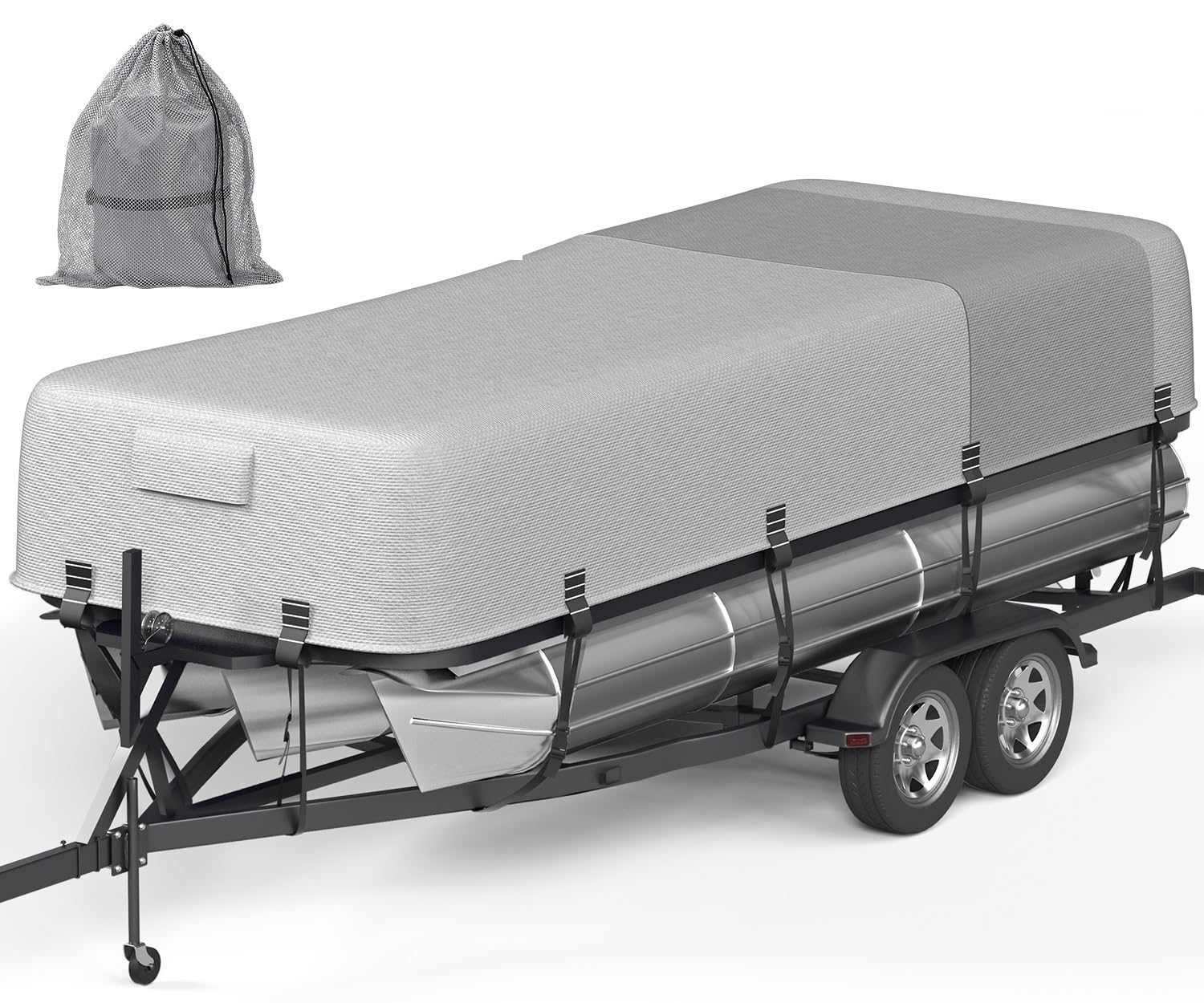 5-Ply 1600D+1200D Pontoon Boat Cover - Fully Waterproof & Ultra-Durable Tear-Resistant, with Large Storage Bag & Reinforced Windproof Straps (Fits 17'-20' Length,102" Width)