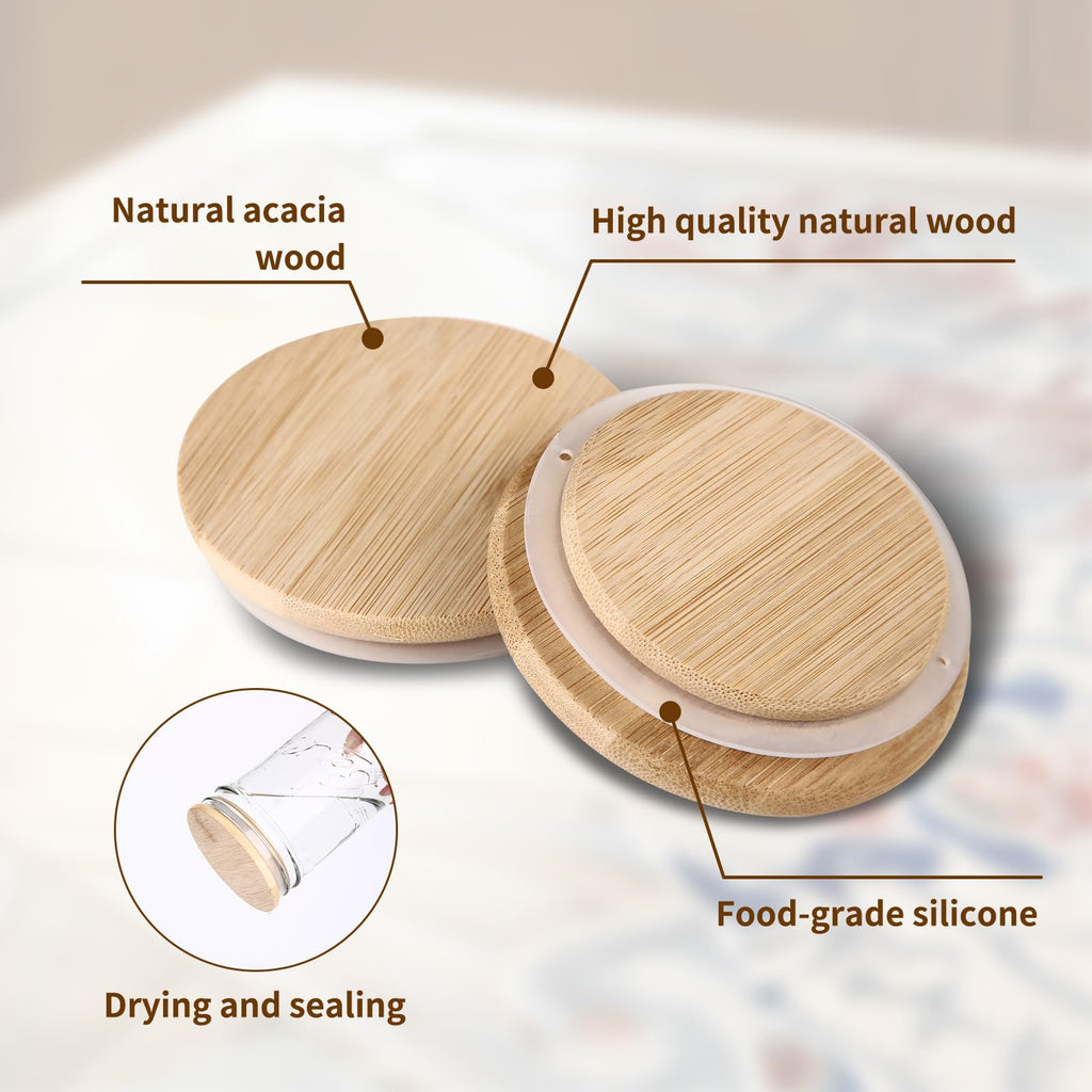 6 Pack Wide Mouth Mason Jar Lids Reusable canning lids Acacia Wooden mason jar Lids with Airtight Silicone Seal, Brown (6PCS Wide Lids)