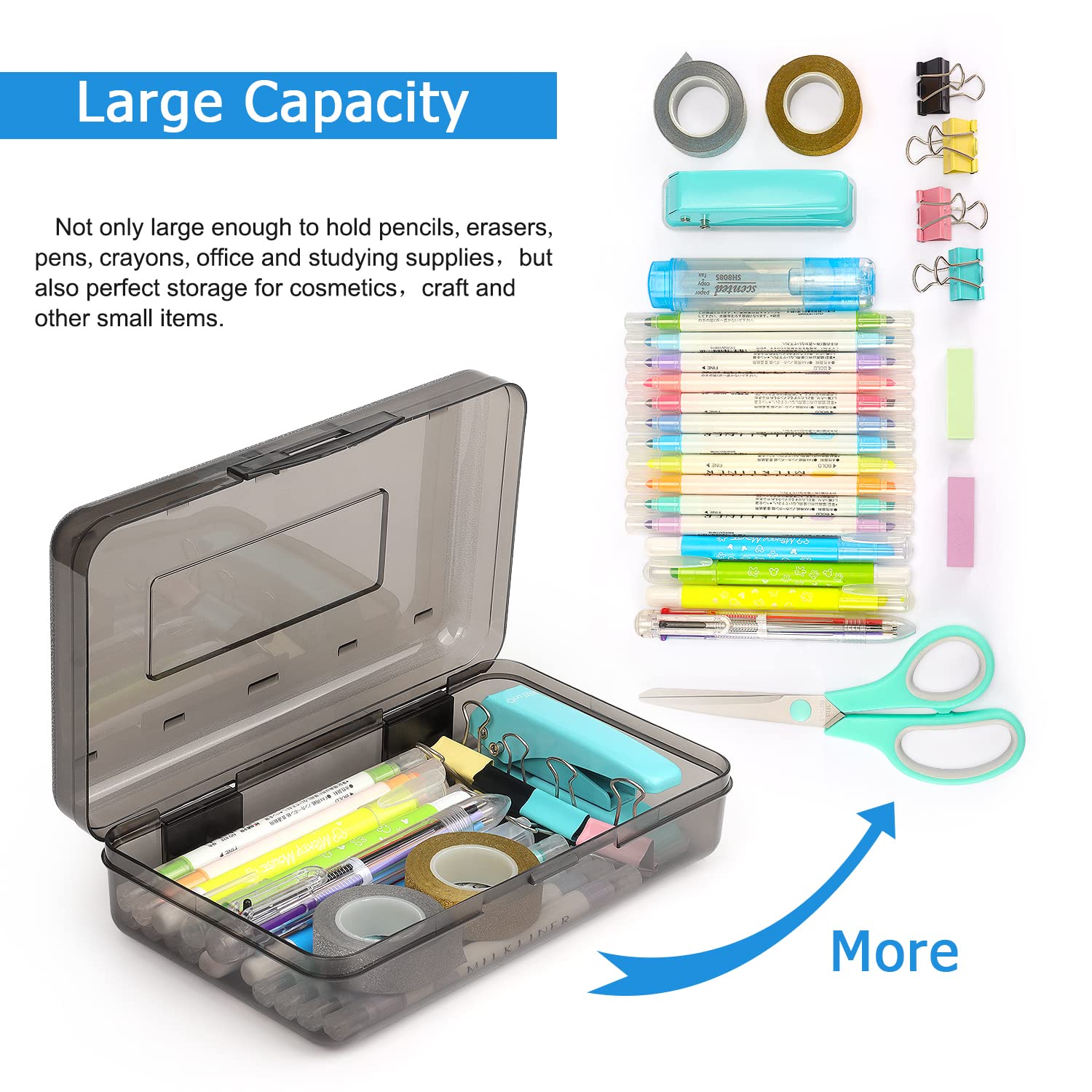 Tamaki 1 Pack Plastic Pencil Box Large Capacity Pencil Boxes Clear Boxes with Snap-tight Lid Stackable Design and Stylish Office Supplies Storage Organizer Box, Black