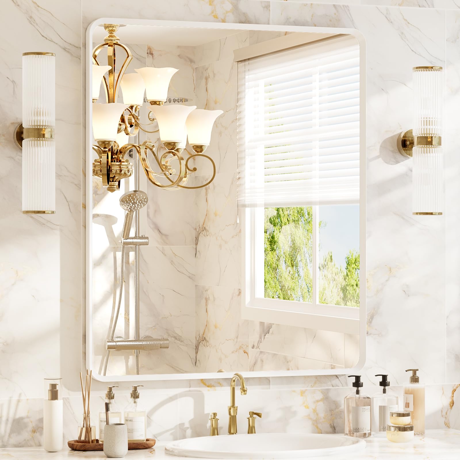 22x30 inch Gold Bathroom Mirror,Rounded Rectangle Gold Metal Framed, HD Tempered Glass, Horizontal or Vertical Hanging, Modern Bathroom Decor