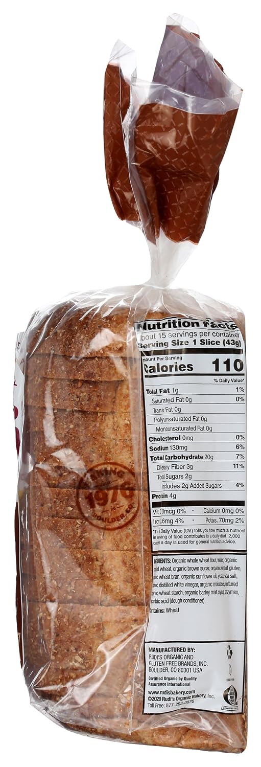 Rudis Bakery, Bread 100 Pct Whole Wheat Organic, 22 Ounce