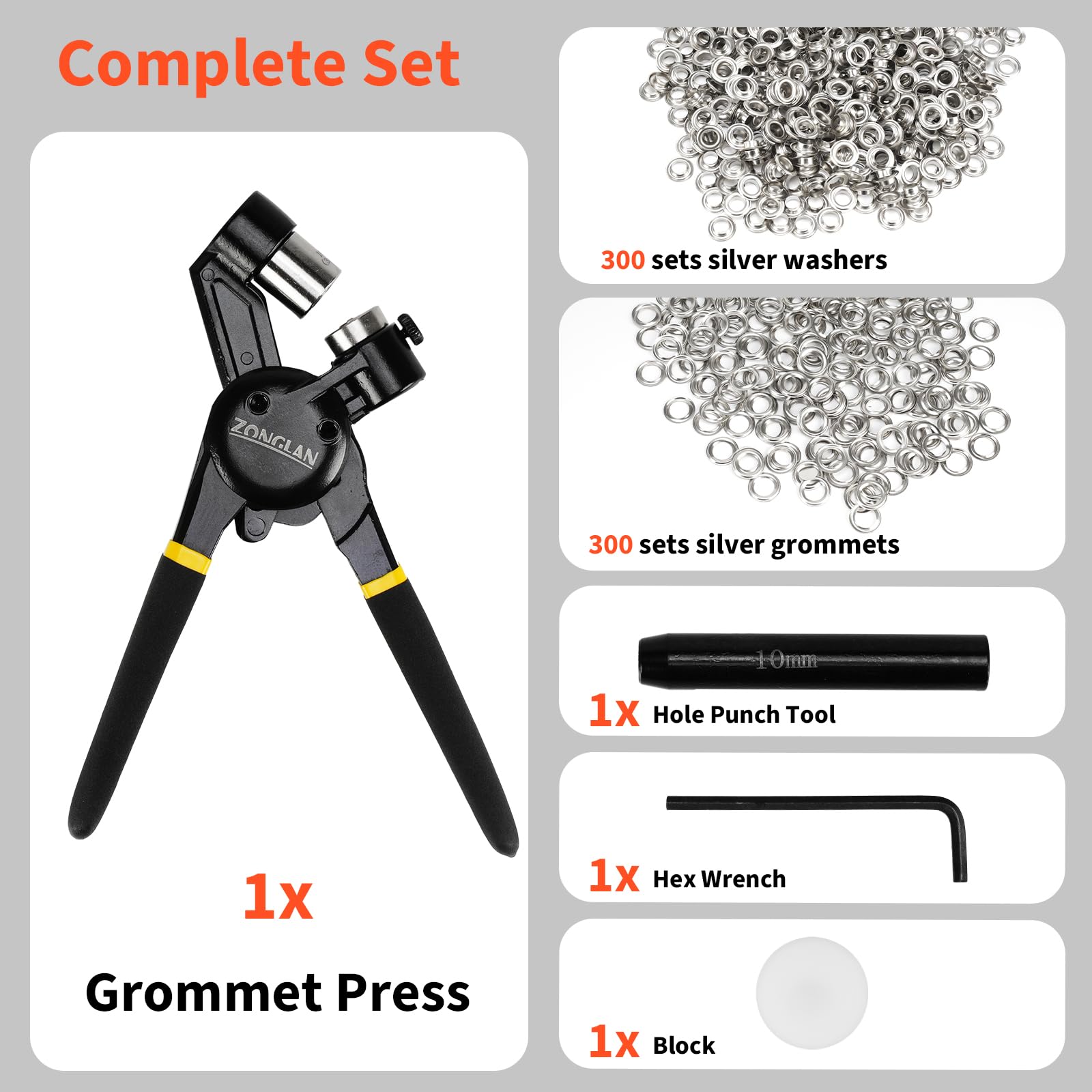 Heavy Duty Grommet Tool Kit with 1/2 Inch Die and 300 Sets of 12MM Grommets,Handheld Manual Eyelet Tool Rivet Press Punch Pliers for Leather Canvas Fabric