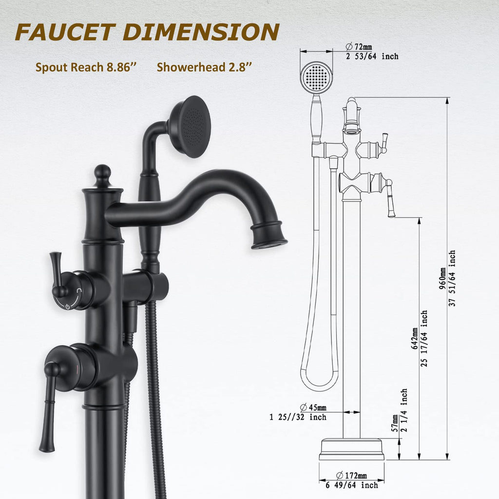Freestanding Floor Mount Tub Filler with Handheld Shower Roman Bathtub Faucet by Brushed Gold Finish, Swivel Spout with Brass Rough-in and Water Hose