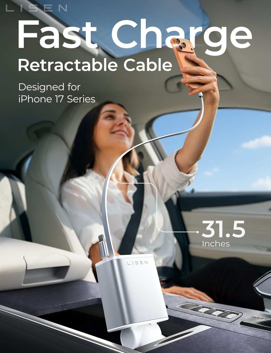 LISEN Retractable Car Charger, 84W Car Charger USB C Fast Charger Adapter for iPhone, Car Accessories for Men Women, Birthday Gifts for Fathers Day for Men Dad Husband, for iPhone 17 16 15 14 13 12 11