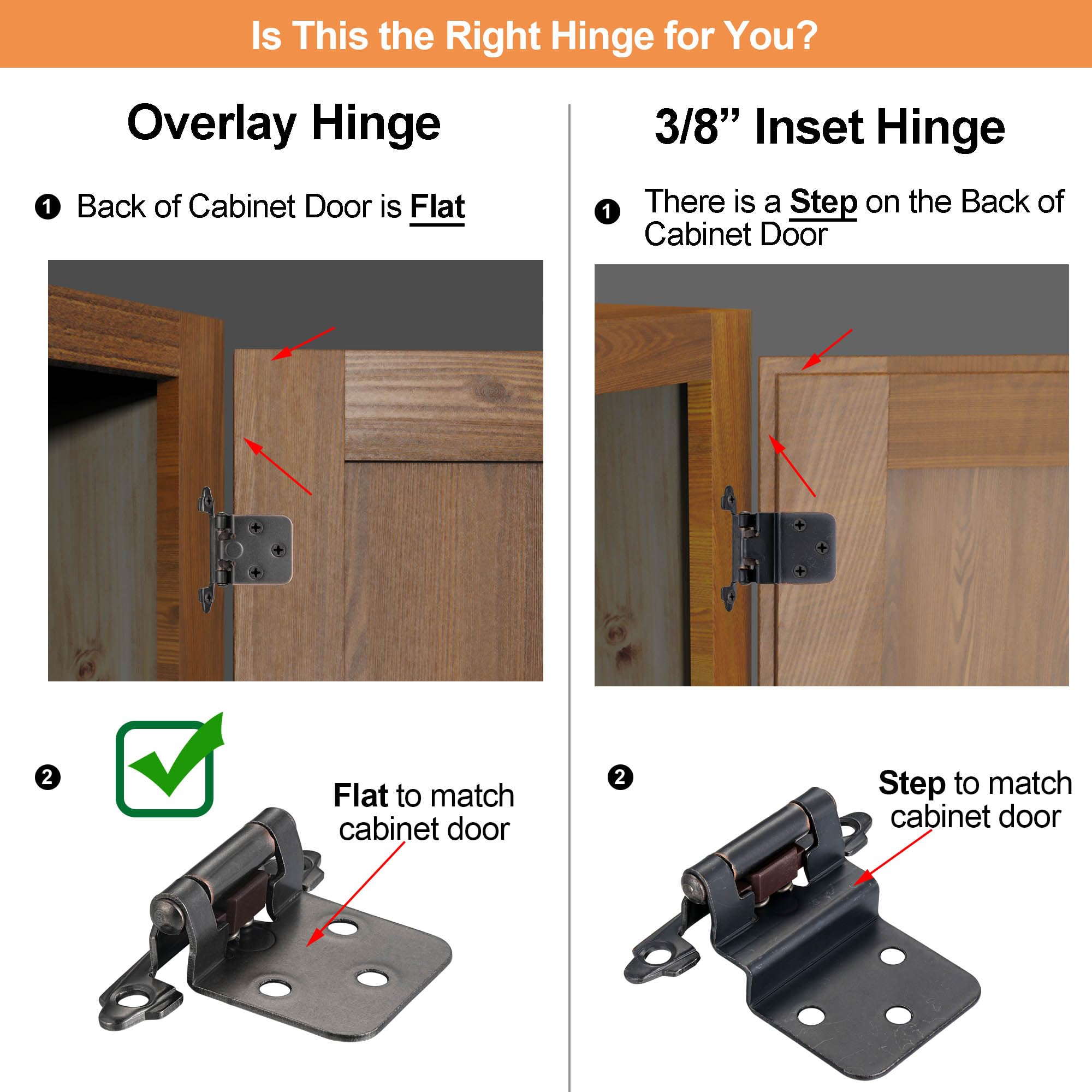4 Pack (2 Pairs) Antique Brass Self Closing Cabinet Hinges for Kitchen Cabinet Door, 1/2" Overlay (Variable) Semi Concealed Kitchen Cabinet Hinges