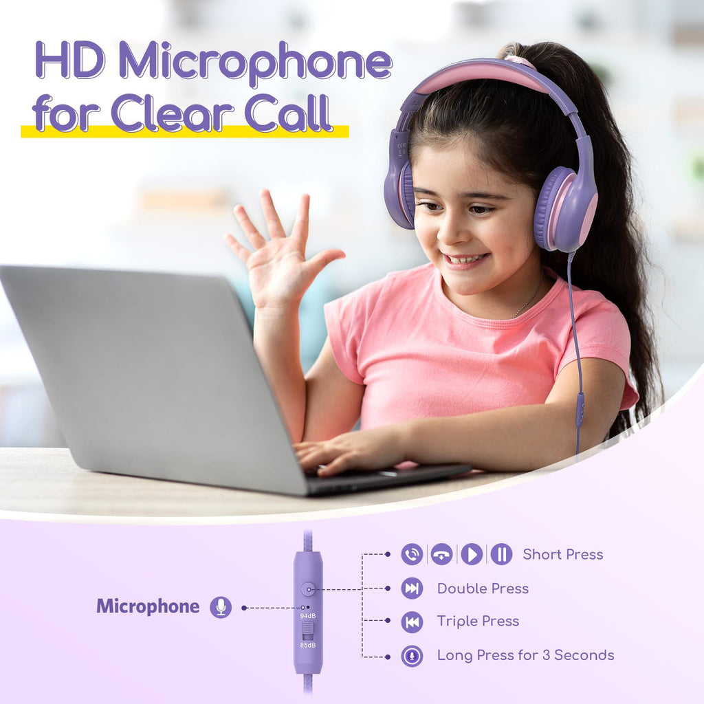 EarFun K1 Kids Headphones Wired with Microphone, 85/94dB Volume Limit Headphones for Kids, Portable Wired Headphone with Shareport, Stereo Sound Foldable Headset for School/Tablet/iPad, Black Red