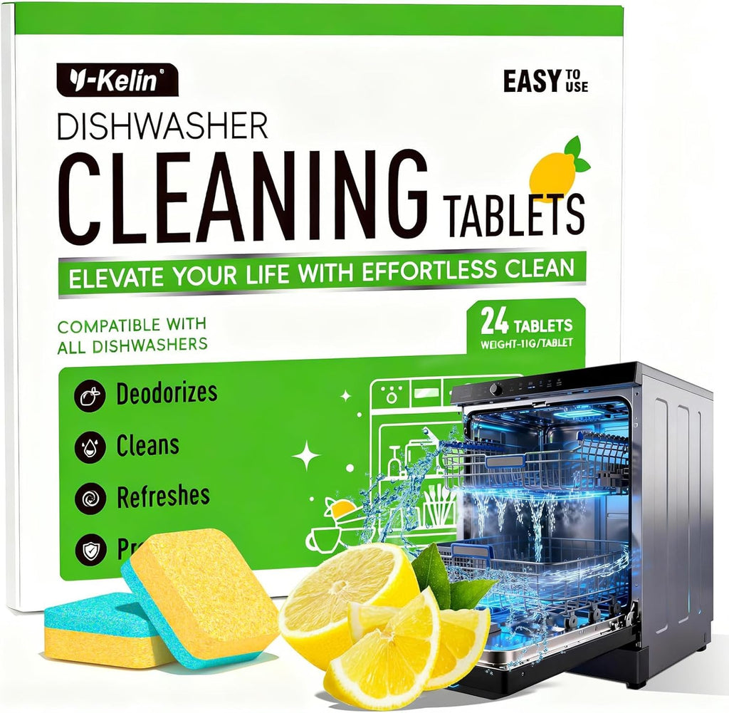 Dishwasher Cleaner and Deodorizer Tablets, Dishwasher Cleaning Tablets 24 Pack - Helps Remove Limescale & Odor, Prevents Buildup in Pipes, Safe for All Dishwashers, Lemon Scent - 12 Month Supply