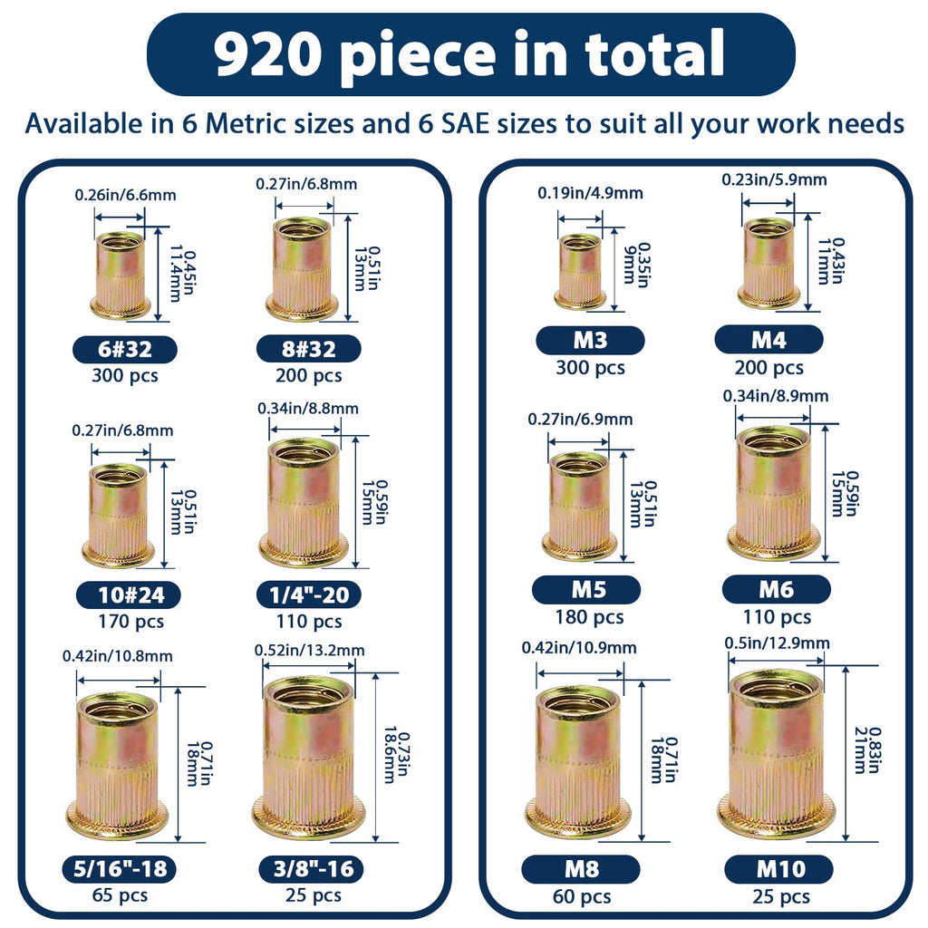 1/2''-13 UNC Rivet Nut, 10Pcs 304 Stainless Steel Flat Head Rivnut Threaded Insert Nutsert
