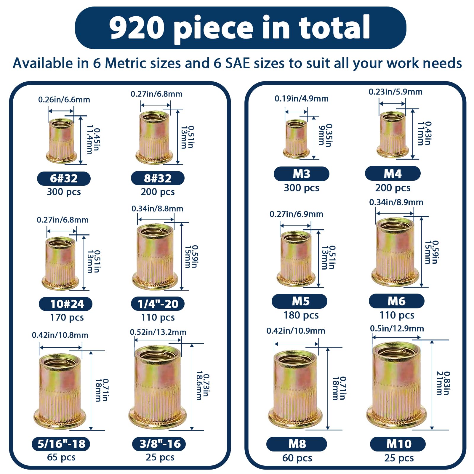 1/2''-13 UNC Rivet Nut, 10Pcs 304 Stainless Steel Flat Head Rivnut Threaded Insert Nutsert