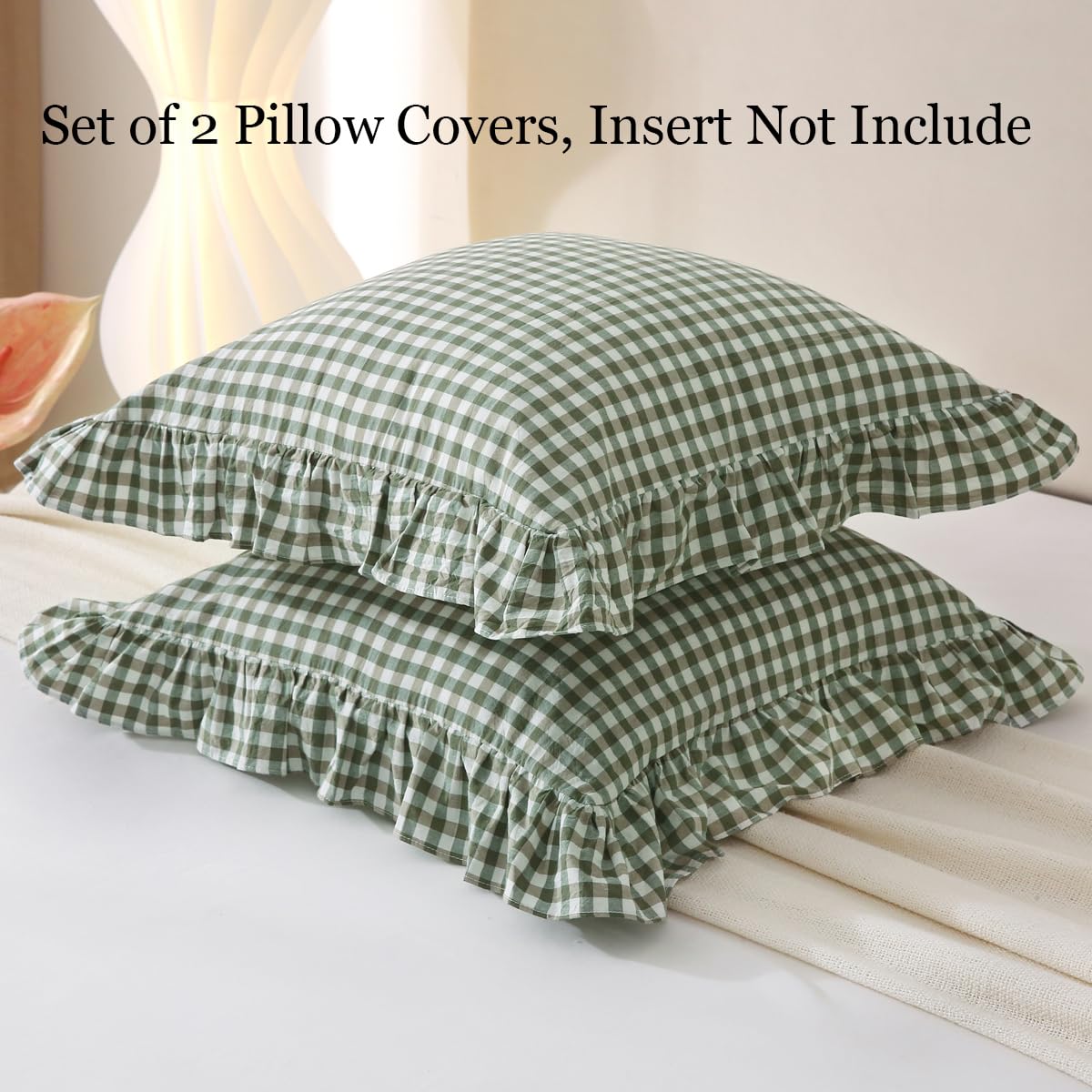 Silnuo Green/White Plaid Ruffled Queen Size Pillow Shams Set of 2,Washed Cotton Shabby Checkered Gingham Farmhouse Bed Pillow Covers 20"x30"