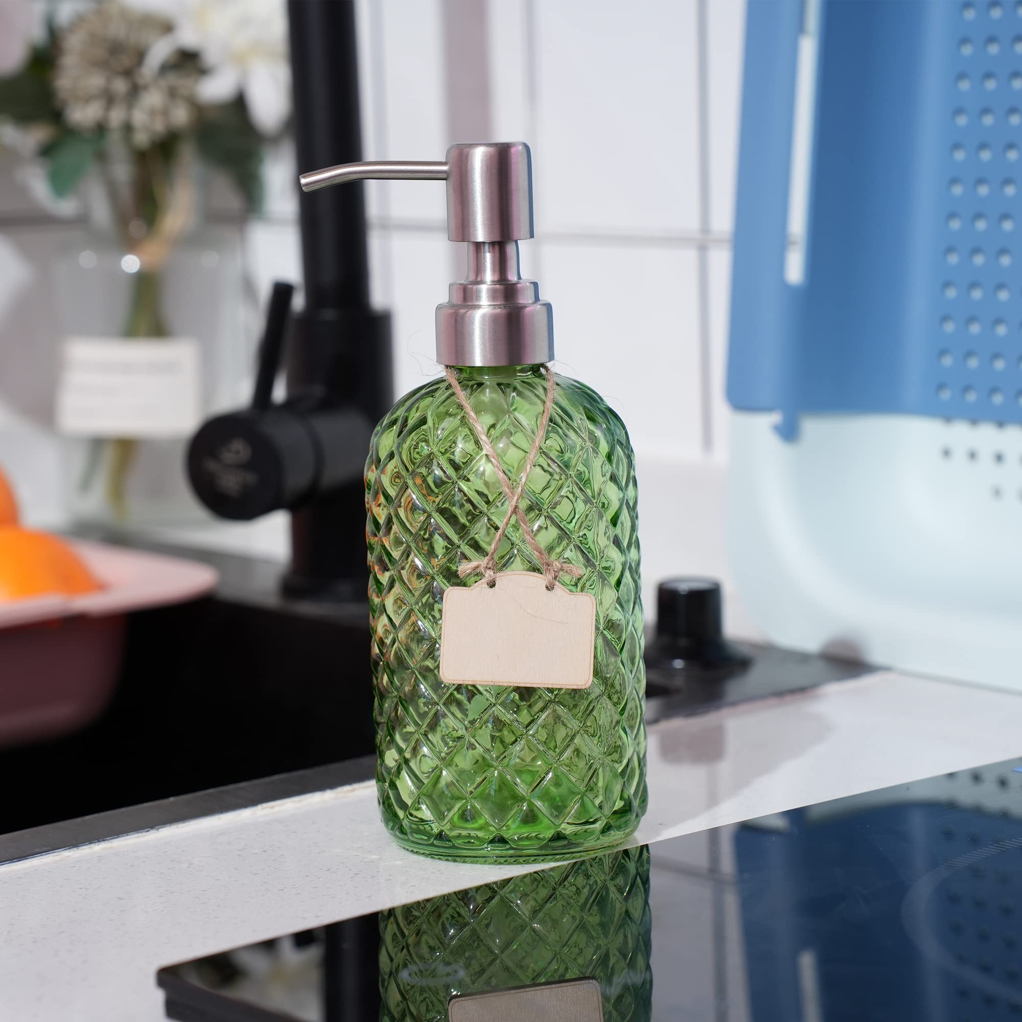 16 oz Diamond Pattern Glass Soap Dispenser, Kitchen and Bathroom Refillable Soap Dispenser with Rust Resistant Stainless Steel Pump for Hand Soap, Lotion Glass Liquid Dispenser(Amber)