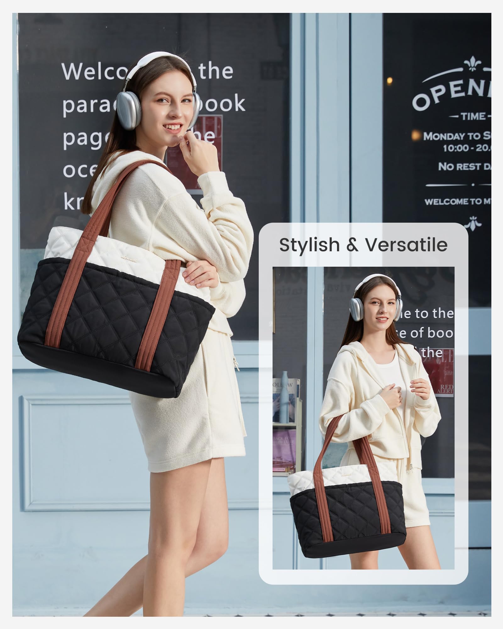 LOVEVOOK Puffer Tote Bag for Women, Puffy Work Handbag with Cup Holder, Travel Carry On Bag with Zipper for Teacher Nurse Gym