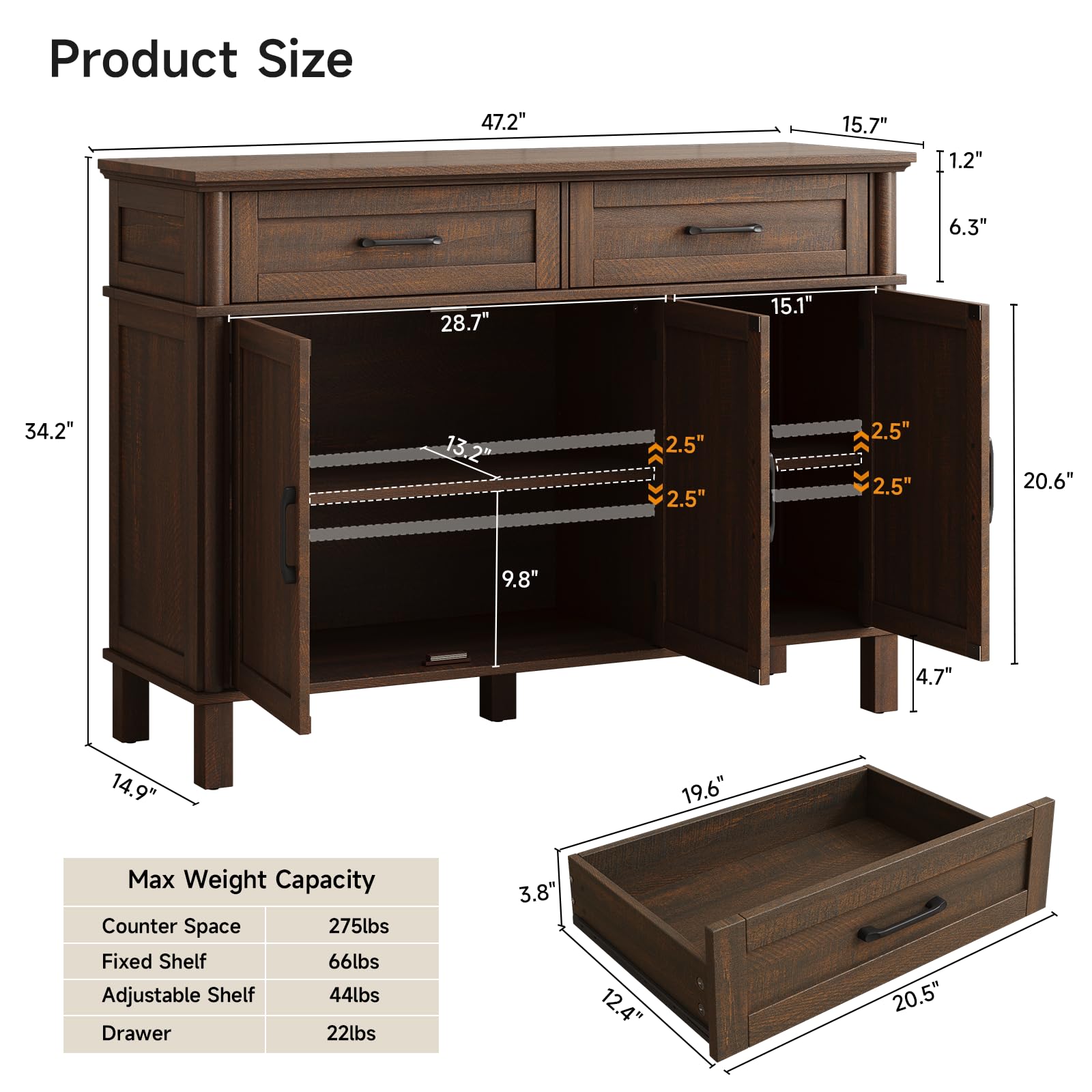 ONBRILL 48 Inches Buffet Cabinet with Storage, Farmhouse Sideboard Buffet w/2 Drawers and 3 Doors, Wood Coffee Bar Cabinet with Adjustable Shelves, Sideboard Storage for Kitchen, Living Room, Black