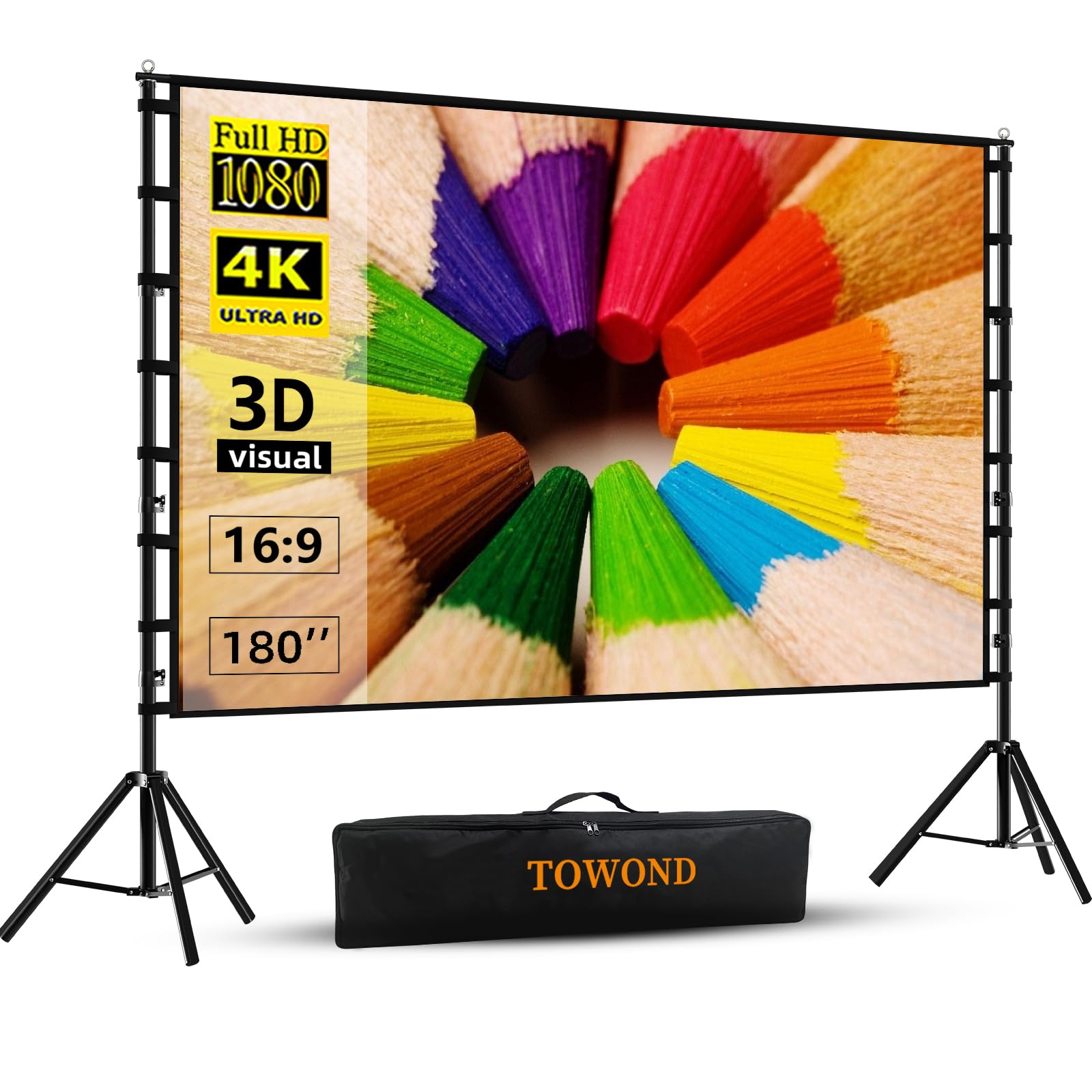 TOWOND Projector Screen and Stand, 180 inch Outdoor Projector Screen 15 FT Large Projection Screen, Portable 16:9 4K HD Rear Front Movie Screen with Carry Bag Wrinkle-Free Design for Backyard Theater