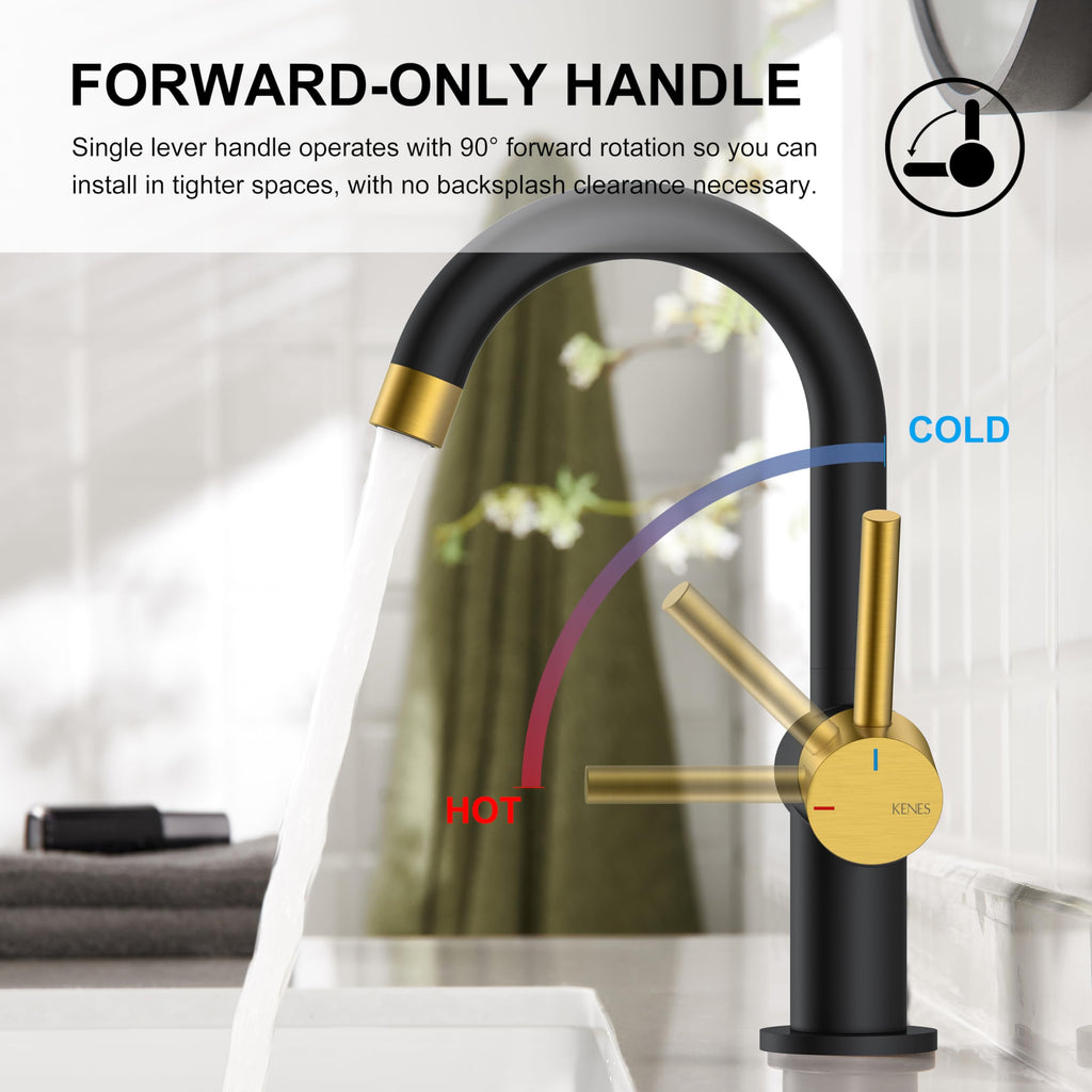 KENES Black and Gold Single Handle Bathroom Sink Faucet, Modern Prep Wet Bar Sink Faucet with Drain Assembly & Deck Plate, Vanity Faucets for Farmhouse RV Camper Utility, KE-9005B-BG