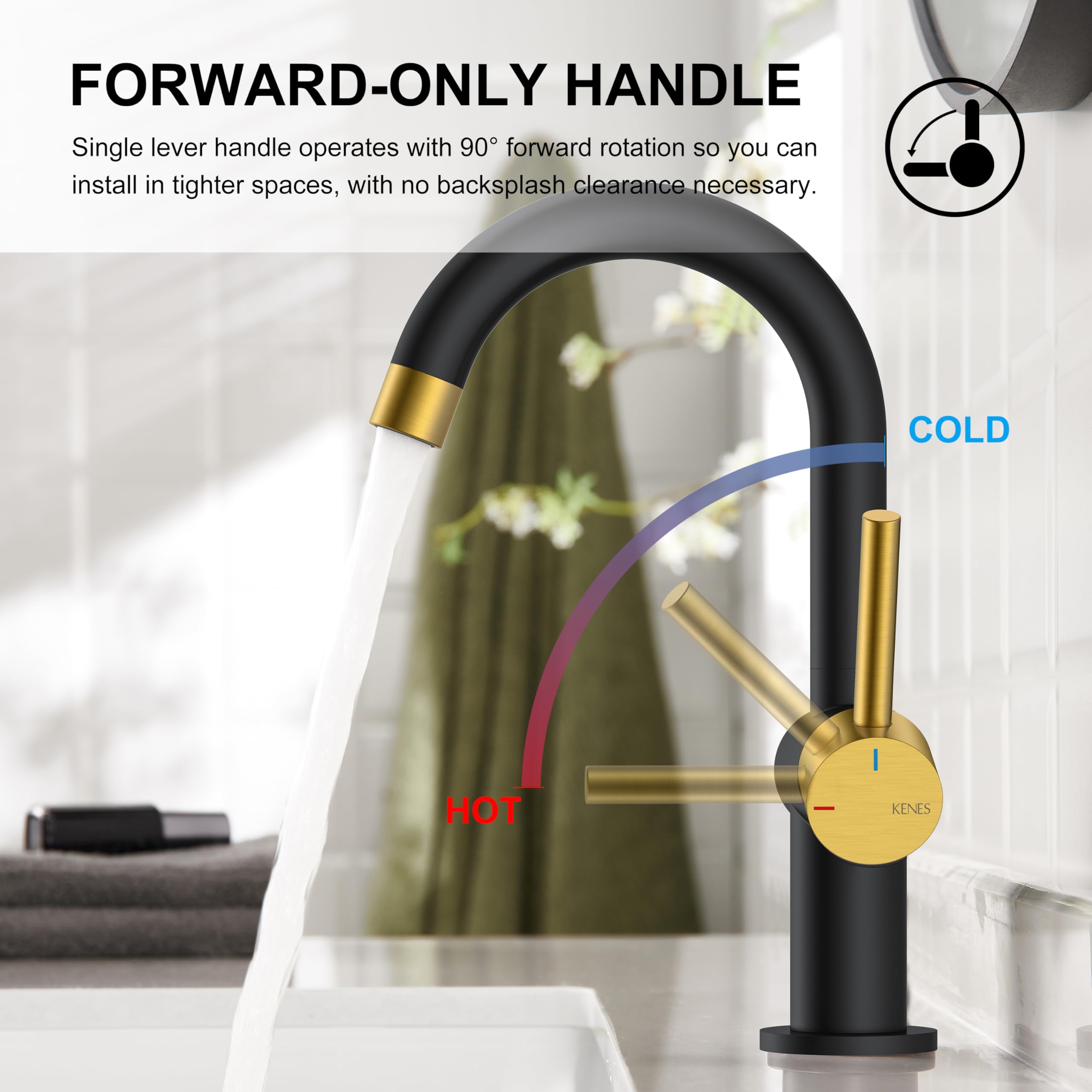 KENES Black and Gold Single Handle Bathroom Sink Faucet, Modern Prep Wet Bar Sink Faucet with Drain Assembly & Deck Plate, Vanity Faucets for Farmhouse RV Camper Utility, KE-9005B-BG