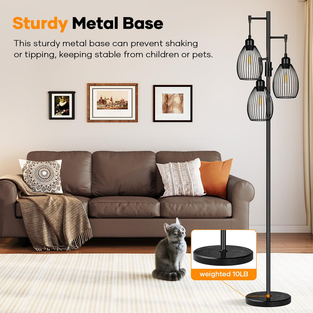 Dimmable Floor Lamp, 3 x 800LM LED Edison Bulbs Included, Farmhouse Industrial Floor Lamp Standing Tree Lamp with Elegant Teardrop Cage Tall Lamps for Living Room Bedroom Office Dining Room-Brass