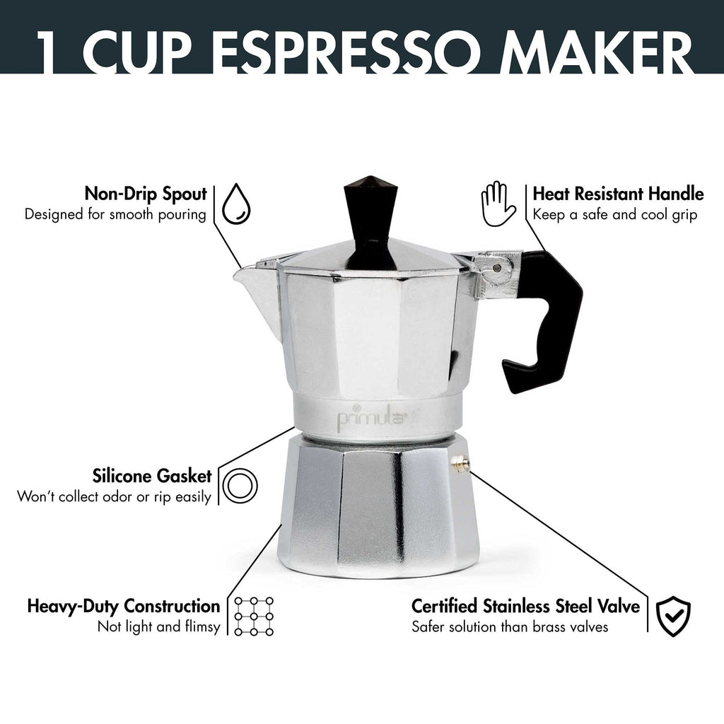 Primula Classic Moka Pot Stovetop Espresso and Coffee Maker, Italian and Cuban Cafetera for Rich Espresso Brewing, Durable Aluminum Greca Coffee Maker with Easy Grip Handle, 6-Cup, Black