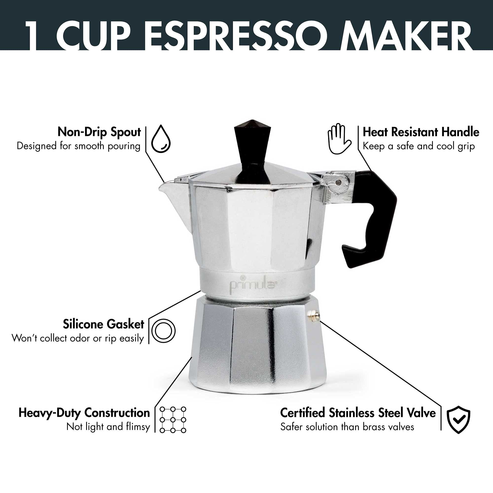 Primula Classic Moka Pot Stovetop Espresso and Coffee Maker, Italian and Cuban Cafetera for Rich Espresso Brewing, Durable Aluminum Greca Coffee Maker with Easy Grip Handle, 6-Cup, Black