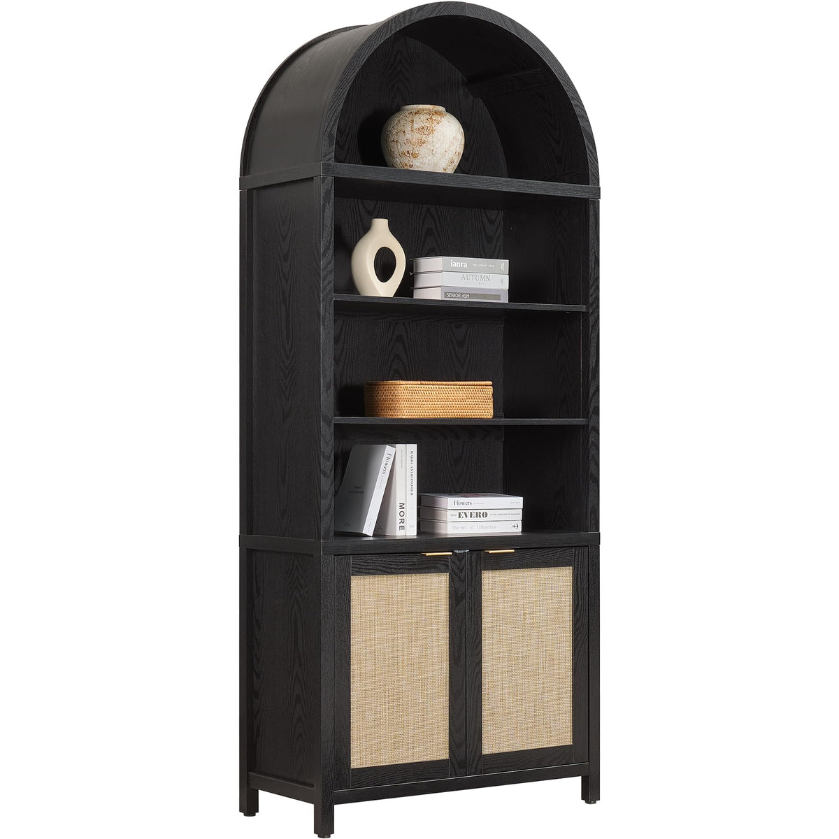 SICOTAS Book Shelf Arched Cabinet Bookshelf Arch 84.2" Tall Bookcase 5 Tier Large Bookshelves with Doors Storage Rattan Boho Wide Book Shelves Case for Living Room Kitchen Office Bedroom Library