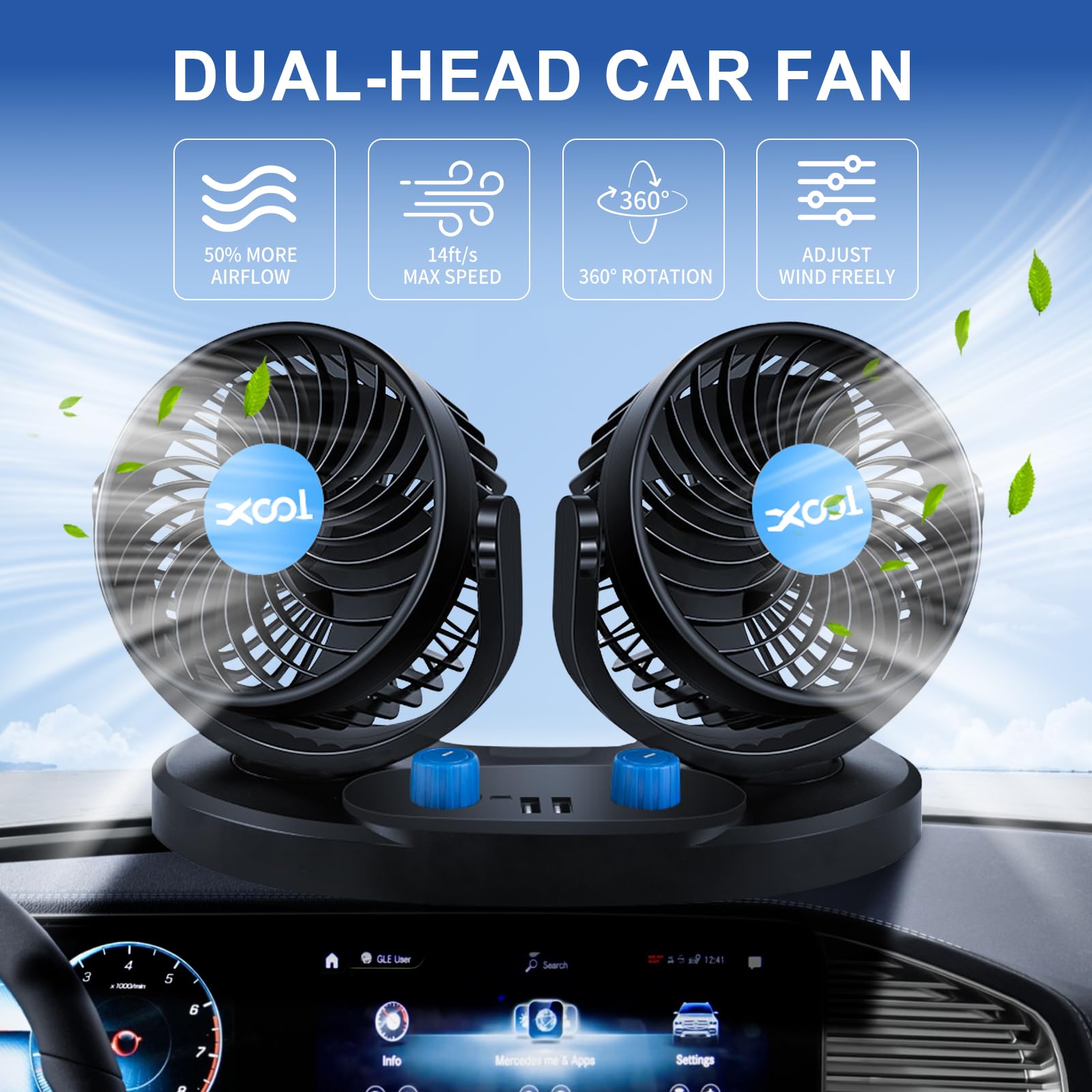 XOOL Clip Car Fan, 9 Inches 12V/24V Fan, 360° Rotatable Electric Cooling Clip on Fan with Stepless Speed Regulation for SUV, RV, Truck