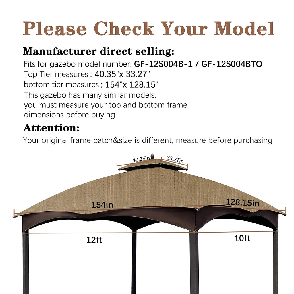 SCOCANOPY Replacement Top Compatible with The Lowe's Gazebo Model #GF-12S004B-1 / GF-12S004BTO (Grey Ripstop)