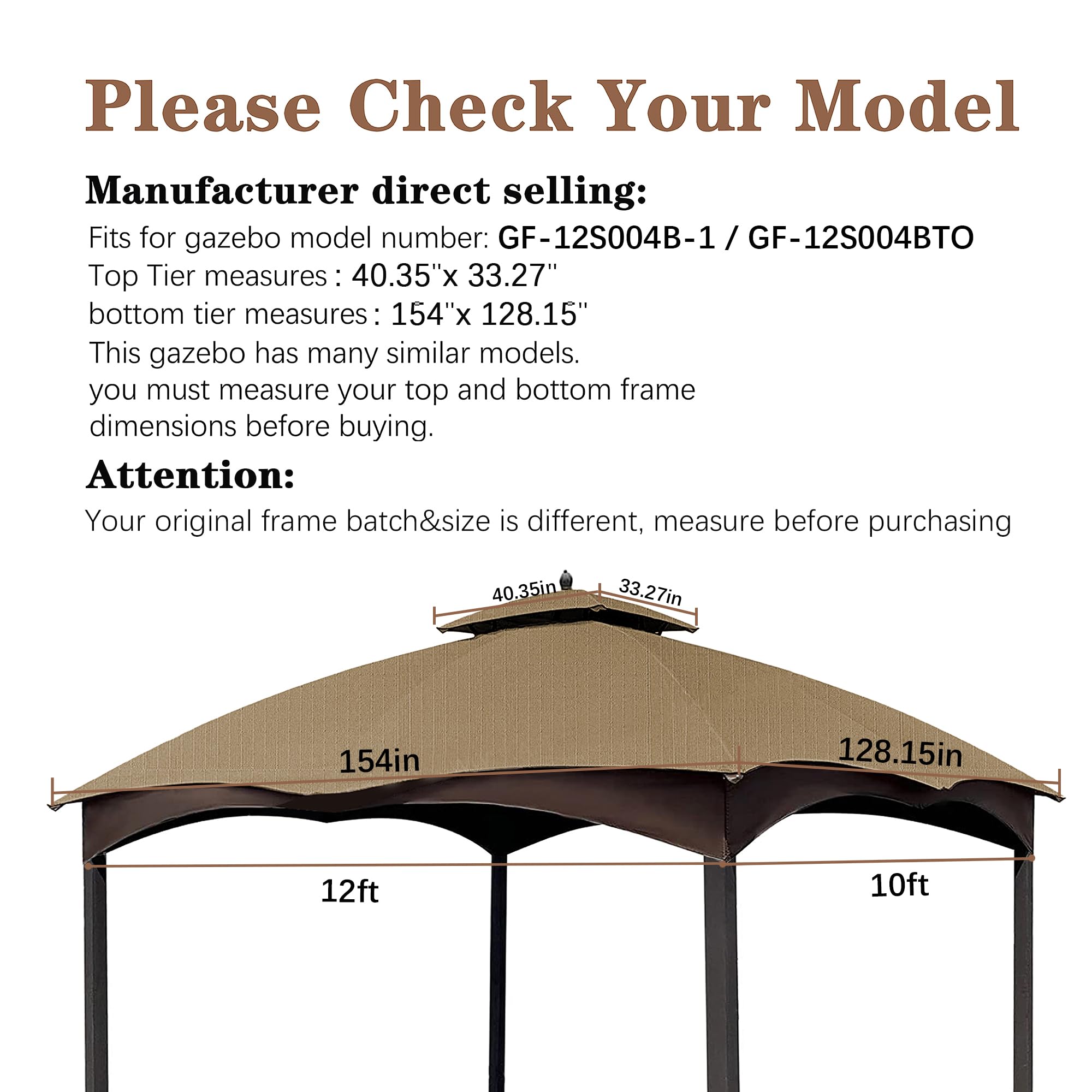 SCOCANOPY Replacement Top Compatible with The Lowe's Gazebo Model #GF-12S004B-1 / GF-12S004BTO (Grey Ripstop)