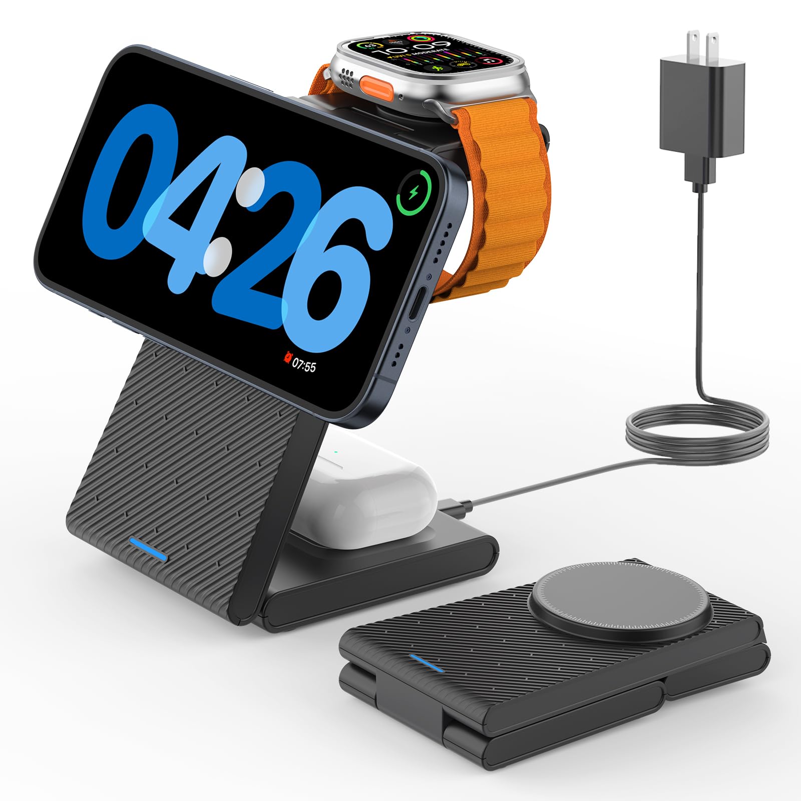 GEEKERA 3 in 1 Wireless Charging Station, Foldable Wireless Charger Stand for Multiple Apple Devices for iPhone 17 16-8, Apple Watch Ultra//11/10/9/SE/8/7/6/5, AirPods Pro/4/3/2