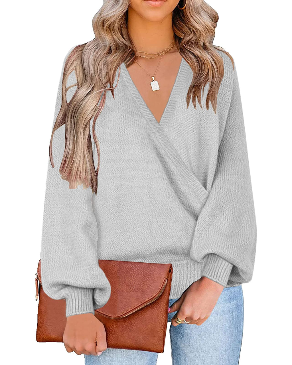 LookbookStore Women's Knit Long Sleeve Faux Wrap Surplice V Neck Sweater Top
