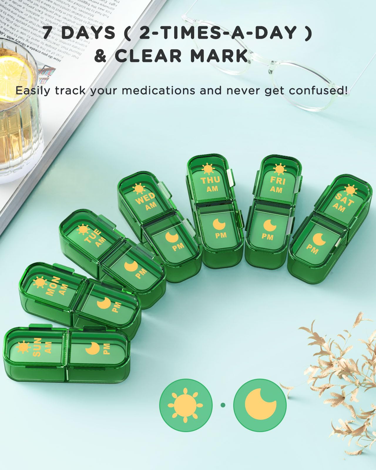 Pill Organizer 2 Times A Day, 7 Day Am Pm Pill Box - Acedada Weekly Pill Organizer Twice A Day, Portable Removable Daily Medicine Container Dispenser Case for Vitamin Fish Oil Supplement, Black Grey