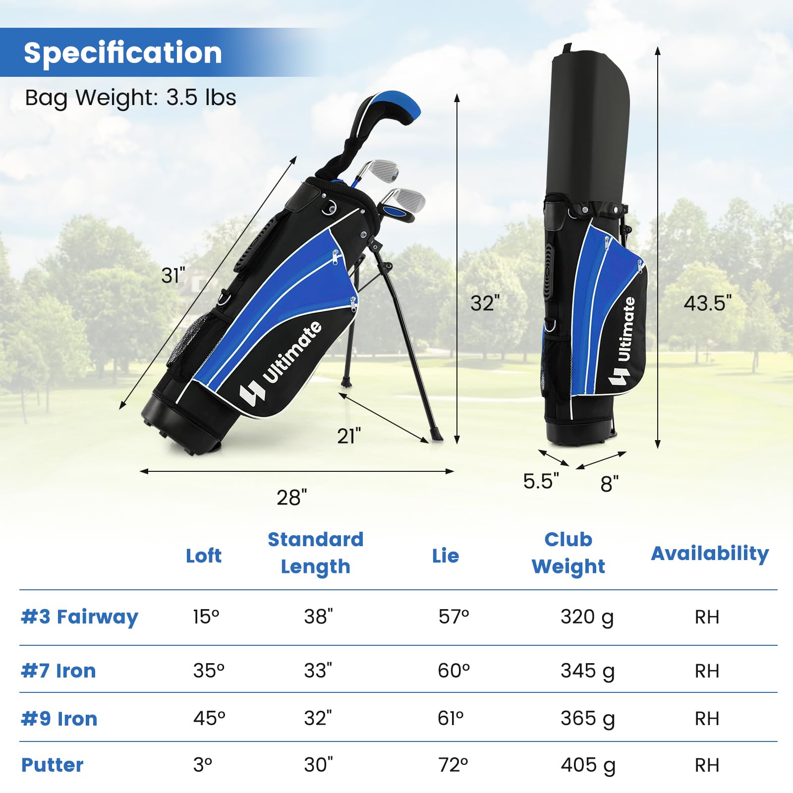 Tangkula Junior Golf Club Set for Children Right Hand, Includes #3 Fairway Wood & #7/#9 Irons, Putter, Head Cover & Rain Hood, Golf Stand Bag, Perfect for Children, Kids