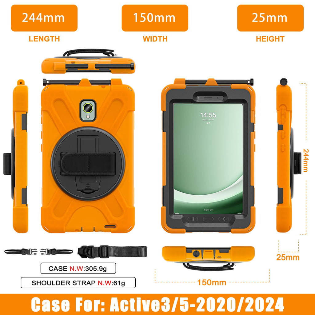 Samsung Galaxy Tab Active5/Active 3 8.0 Case, with 360 Stand, Handle Hand Strap & Shoulder Strap for Galaxy Tab Active5 8" 2024 X300/X307, Active3 8" 2020 T570/T575/T577 (Black)