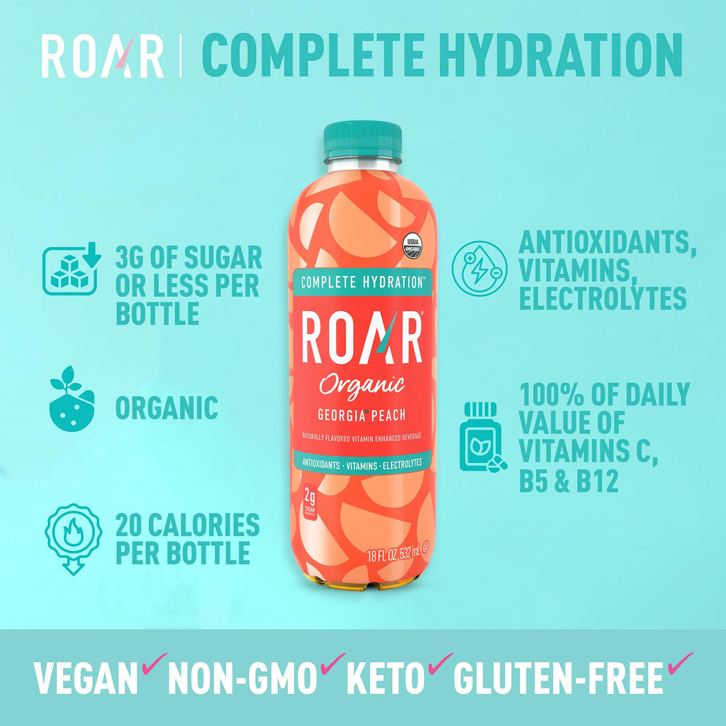 ROAR Complete Hydration Organic - Electrolyte Drinks Loaded with Vitamins C, B5, B12 - Non-GMO, Gluten-Free - Strawberry Lemonade - 12 pc