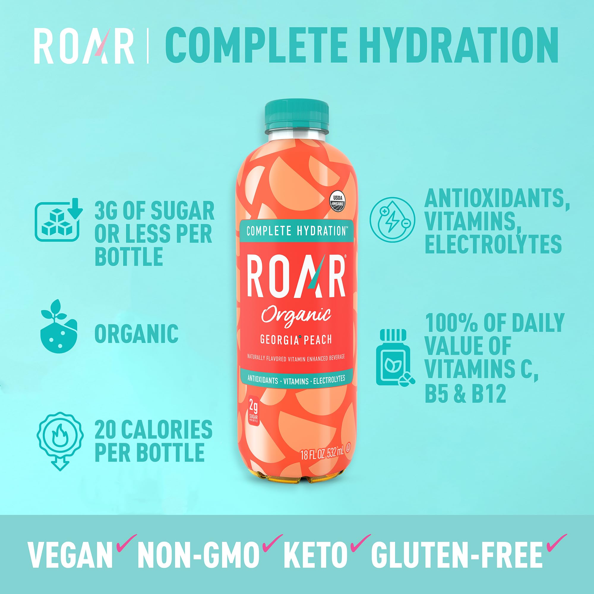 ROAR Complete Hydration Organic - Electrolyte Drinks Loaded with Vitamins C, B5, B12 - Non-GMO, Gluten-Free - Strawberry Lemonade - 12 pc