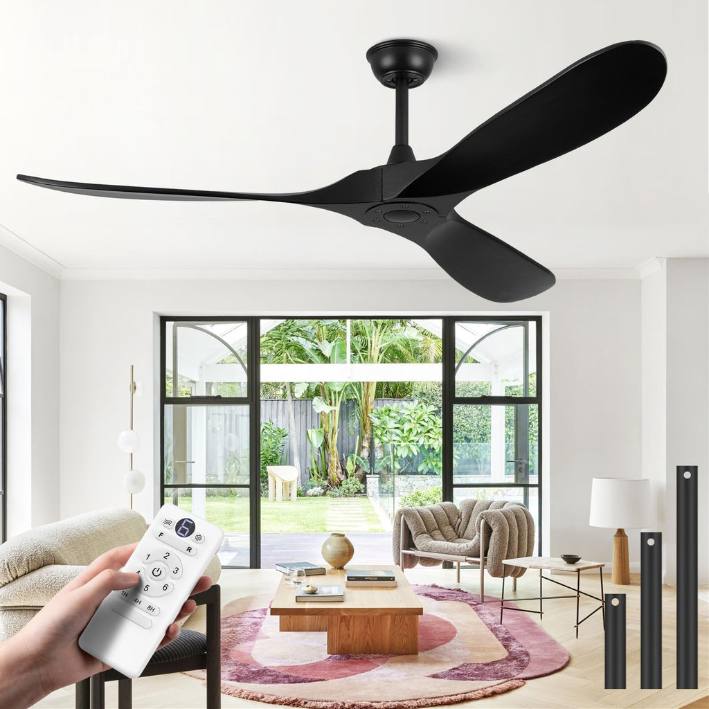 ABZ Ceiling Fans without Lights - 52 Inch Modern Ceiling Fans no Lights with Remote Control, Black 3 Blade Solid Wood Indoor Outdoor Ceiling Fans for Patios Living Room Bedroom