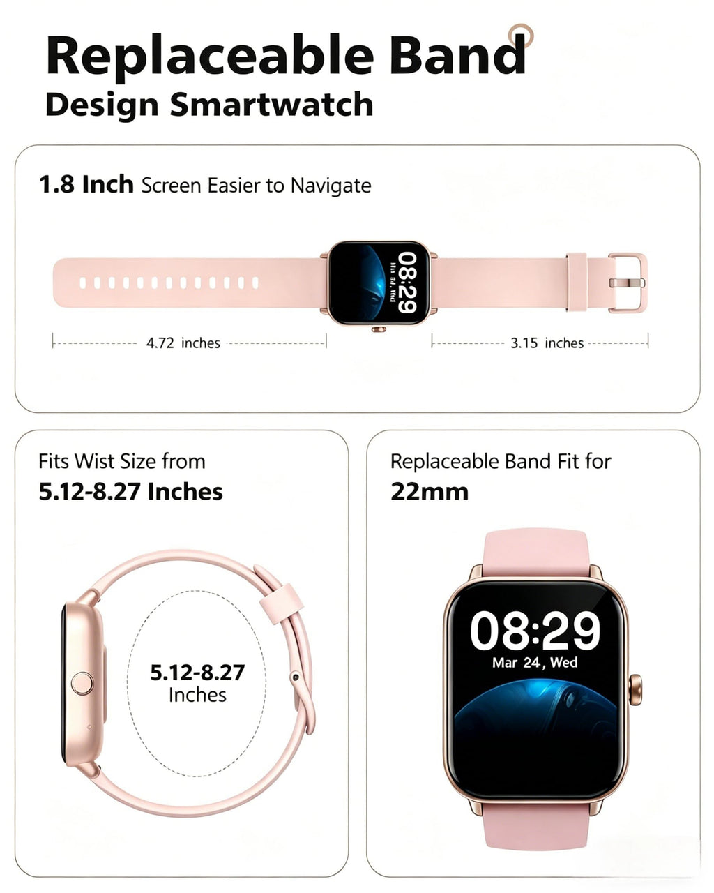 Quican Smart Watches for Women, Compatible for iPhone and Android Phones, Calling, Heart Rate/Sleep Monitor, Alexa, 1.8" Fitness Tracker Watch, Waterproof, Gifts for Women, Silicone Band, Baby Pink