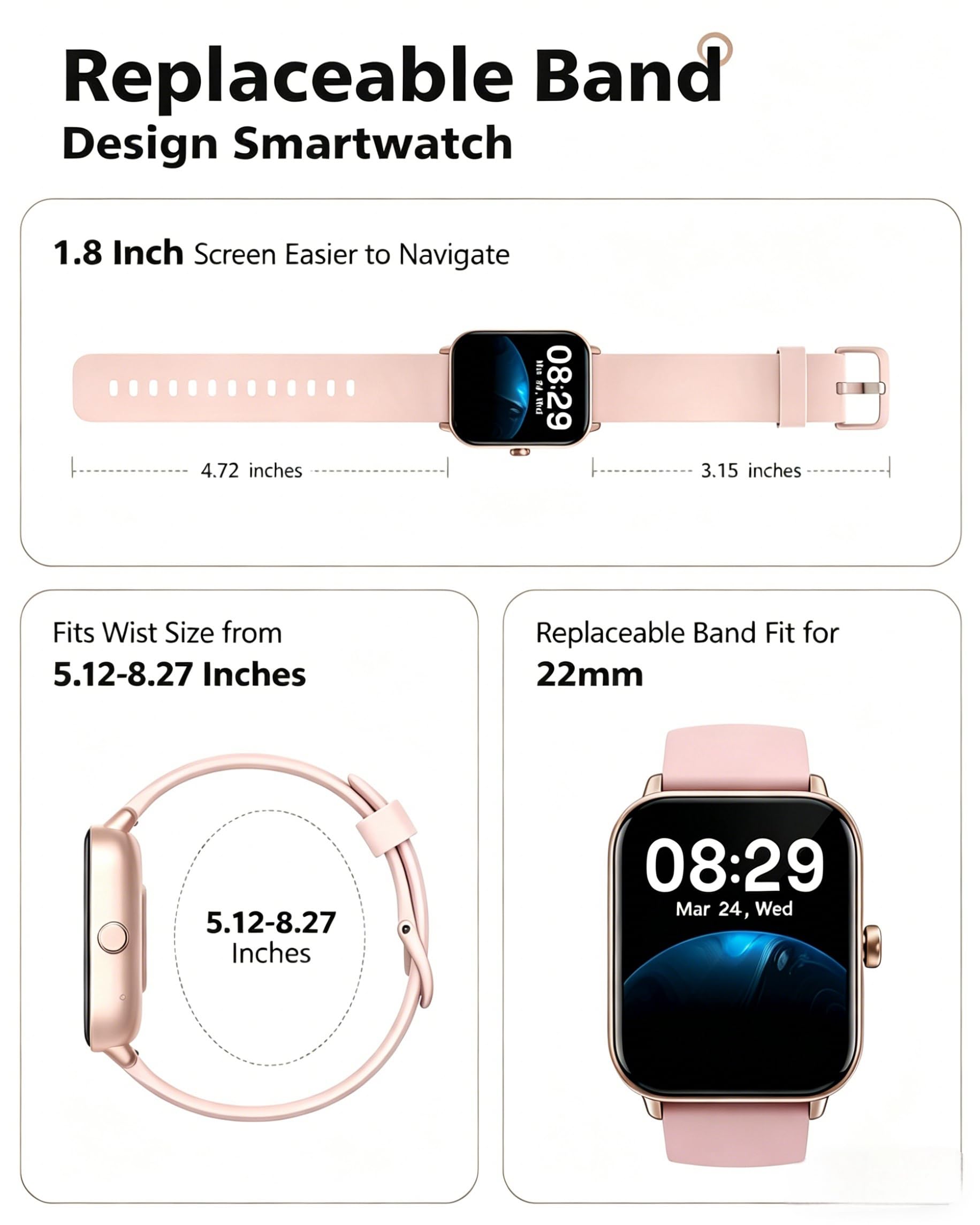 Quican Smart Watches for Women, Compatible for iPhone and Android Phones, Calling, Heart Rate/Sleep Monitor, Alexa, 1.8" Fitness Tracker Watch, Waterproof, Gifts for Women, Silicone Band, Baby Pink